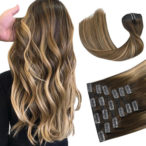 Clip In Human Hair Extensions Double Weft Brazilian Hair 120g 7pcs Chocolate Brown to Dark Blonde Highlight Chocolate Brown Full Head Silky Straight 100% Human Hair Clip In Extensions 18 Inch