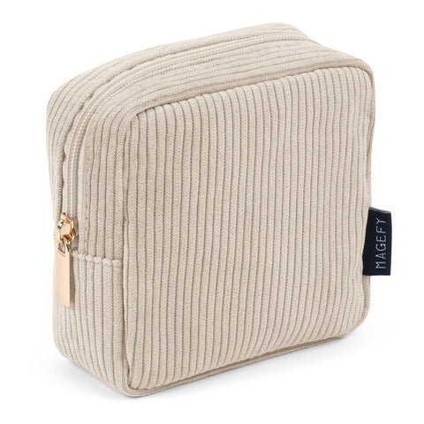 MAGEFY Makeup Bags, Small-Beige-1pcs, Well-made Compact Size Corduroy Makeup Bags for Storage & Travel
