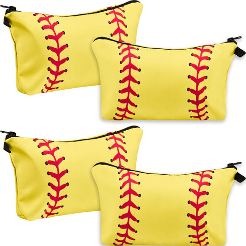 4 Pieces Softball Makeup Bags Softball Cosmetic Bags Softball Pouch Bag Baseball Travel Zipper Storage Case Portable Travel Toiletry Bag for Women, Girls, Team Player, Mom Exercise Travel (Yellow)