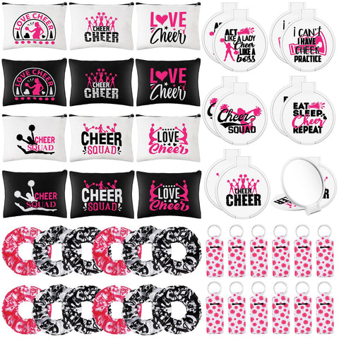 48 Pcs Cheer Gift Kit for Girls: 12 Canvas Makeup Bags, 12 Scrunchies, 12 Makeup Mirrors, 12 Lipstick/Lip Balm Keychains for Cheerleaders, White, Black, 1 Count (Pack of 12)