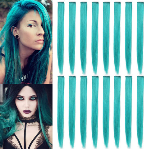 SHKJCHP Colored Hair Extensions Clip in Kids Fashion Girls Costum Wigs 21"/55cm Long Straight Hair Heat Resistant Girls Wig Pieces For Women Cosplay 16PSC (Teal)