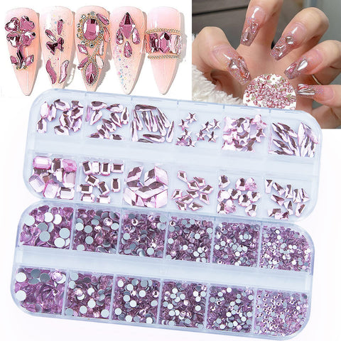 2120Pcs Pink Nail Rhinestones Crystals Glass Gems Stones Multi Shapes Sizes Light Pink Glass Round Beads Flatback Rhinestones Gems for Nail DIY Crafts Clothes Shoes Jewelry