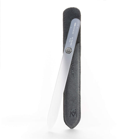 Crystal glass nail file in leather case, 3mm thick. "ALL YOU NEED IS LESS"