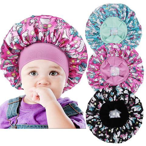 3 PCS Satin Baby Bonnets for Curly Hair,Baby Silk Bonnet for Sleeping for Girls Boys, D-unicorn-black,pink,blue, XS