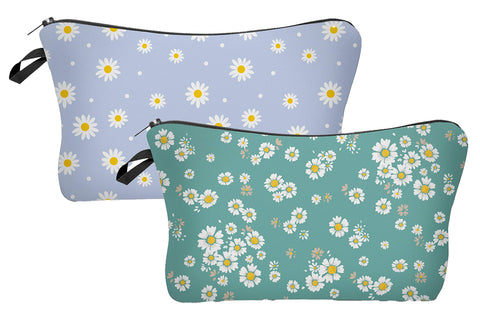 Borsun 2 Pcs Cosmetic Bag for Women Small Make Up Bag Waterproof Travel Toiletries Pouch with Zipper for Organizing Small Items, Gift Bags for Birthday Christmas(Daisy Flower 2)
