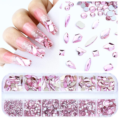 Dowarm Flatback Glass Crystal Rhinestones for Nails, Multi 3D Shapes Crystals Nail Art Rhinestone Set (Light Pink)