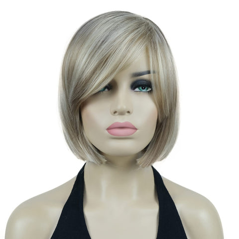 Lydell 8" Straight Short Wigs Bob Hair with Bangs Cute Central Dot Top Heat Resistant Synthetic Wigs (H16/613 Brown with Highlights)