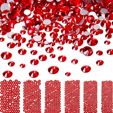Red, Mixed Ss4 5 6 8 10 12: Bememo 3456 Pieces Nail Crystals Ab Nail Art Rhinestones Round Beads Flatback Glass Charms Gems Stones, 6 Sizes for Nails Decoration Makeup Clothes Shoes (Red, Mi