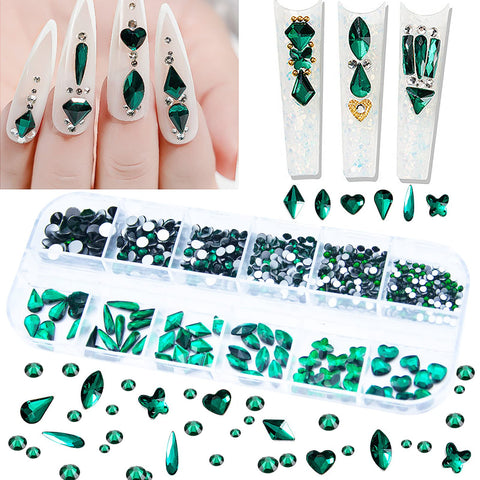660Pcs Emerald Green Nail Rhinestones Crystals Nail Art Flat Back Round Multi Sized Shapes Green Gems Rhinestone Stones Beads for Nail Art DIY Jewelry Crafts Accessories