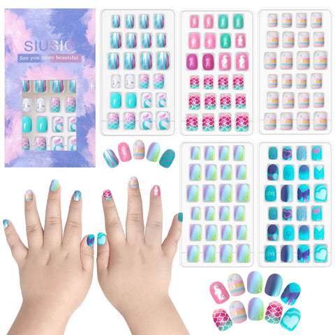 120 pcs 5 pack Children Nails Press on Pre-glue Full Cover Glitter Gradient Color Short False Nail Kits Great Christmas Gift for Kids Little Girls - Mermaid Beach Series