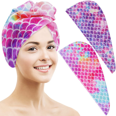 2Pack Microfiber Hair Towel Wrap,Hair Drying Towels for Kids,Super Absorbent Hair Dry Wrap,Quick Dry Hair Turban for Drying Curly Long Thick Hair,Anti Frizz Twisty Hair Towel for Women Girls,Mermaid