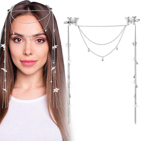 CHANZET Hair Chain Jewelry 2pcs, Silver Head Chain Jewels Boho Headpiece, Butterfly Headband with Tassel Hair Hoop Band Vine Clips Hair Accessories for Women and Girls Wedding Bridal, One Size, Alloy