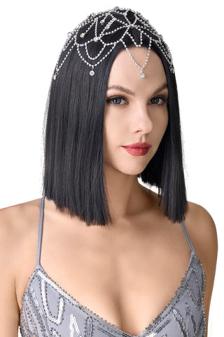 BABEYOND 1920s Crystal Headband Cap Roaring 20s Great Gatsby Hair Accessories for Dance Party (Silver)