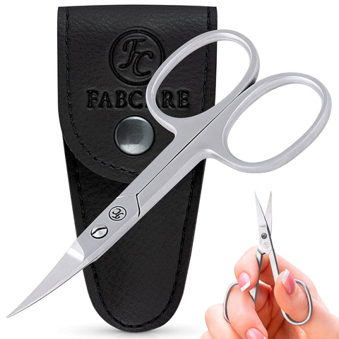 FABCARE curved nail scissors incl. pouch & e-book - innovative micro-serrations - for fingernails and toenails - sharp cuticle scissors professional - stainless steel manicure scissors