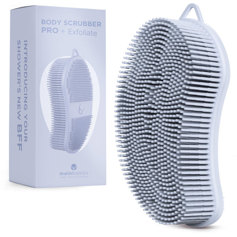 MainBasics Exfoliating Silicone Body Scrubber Pro 2-in-1 Shower Scrubber for Body, Silicone Loofah and Body Exfoliator (Light Blue, Body + Exfoliate)