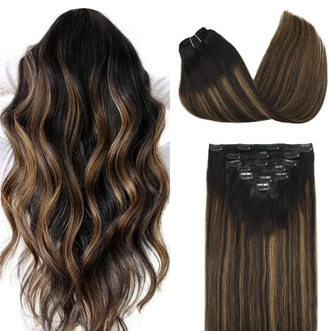 Missstar Hair Misstar 18inch Balayage Remy Clip in Human Hair Extensions Ombre Black to Chesnut Brown 7pcs 120g Clip in Hair Extensions Human Hair 1B/6/1B 120g