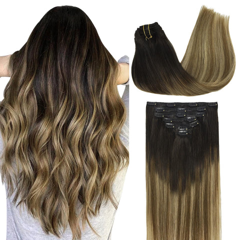 Misstar 16" Balayage Clip in Hair Extensions Real Human Hair 120g 7pcs Full Brizilian Hair Balayage Ombre Clip in Caramel Blonde Highlighted Hair Extensions