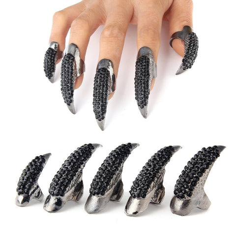 10 PCS Bestga Gothic Punk Style 3 Sizes Crystal Rhinestone Paved Paw Bend Fingertip Finger Claw Womens Mens Ring Fake False Easy Nails Set - Black
