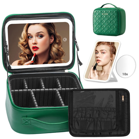 Omobolanle Makeup Bag Detachable Portable Make up Travel Train Case with Adjustable Dividers, Green, 10x9x4inch With Mirror, Handbag and Travel Makeup Bag