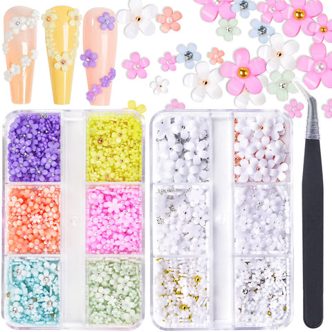 3D Flower Nail Charms, 2 Boxes Flower Nail Art Charms for Nails, 7 Colors Flowers Nail Gems with Gold Silver Pearl Beads, Blossom Spring Acrylic Nail Supplies for DIY Decorations