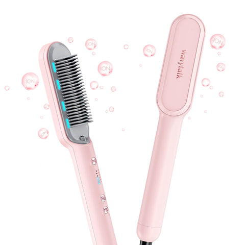 Wavytalk Hair Straightener Brush, Ionic Hair Straightening Comb with Negative Ions, Anti-Scald Ceramic Flat Iron Comb Fast Heating for Home Salon, Dual Voltage Pink.