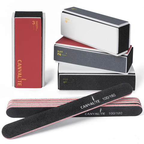 Canvalite 4 Way Nail Buffer & Shine Kit, 100/180 Grit Nail Files, 9pcs - Black, Grey, Red, White - Sponge (Buffer), Emery (Files) - Nail File, Nail Buffer