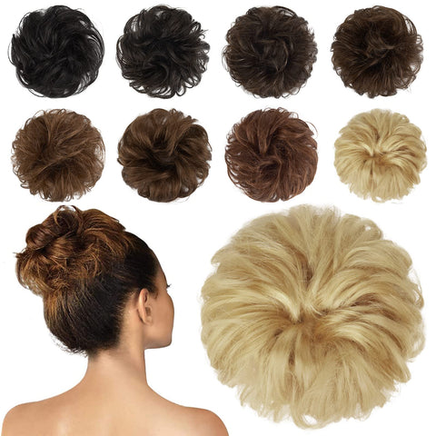 FESHFEN 100% Human Hair Bun Extension, Messy Bun Hair Piece Curly Hair Scrunchies Chignon Ponytail Extensions for Women Girls Updo Donut Hairpiece, Light Bleach Blonde