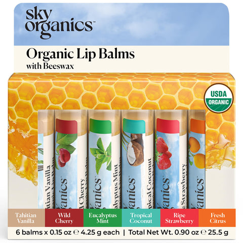 USDA Organic Lip Balm by Sky Organics - 6 Pack Assorted Flavors -- With Beeswax, Coconut Oil, Vitamin E. Best Lip Plumper Chapstick for Dry Lips- For Adults and Kids Lip Repair. Made In USA