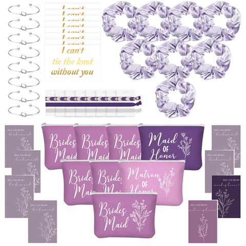 Cunno 48 Pcs Bridesmaid Proposal Gifts Wedding Maid of Honor Matron of Honor Gifts Bridal Shower Cosmetic Makeup Bags Scrunchies Hair Knotted Bracelets Invitation Card for Bridesmaids(Purple)
