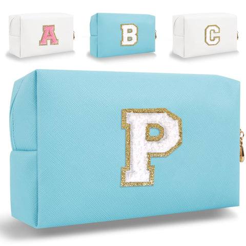 HENGNI Small Personalized Letter Makeup Bag, Cute PU Leather Chenille Letters Cosmetic Bag Travel Makeup Pouch, Preppy Travel Organizer Zipper Pouch for Women&Girls?Blue-P?