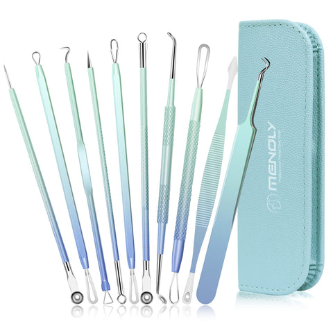 MENOLY 10 Pcs Blackhead Remover Pimple Popper Tool Kit, Acne Kit for Blackhead, Zit Removing, Whitehead Popping and Comedone Extractor Tool, with a Leather Bag (Blue)