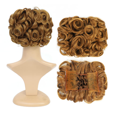 Strawberry Blonde-27# : SWACC Short Messy Curly Dish Hair Bun Extension Easy Stretch hair Combs Clip in Ponytail Extension Scrunchie Chignon Tray Ponytail (Strawberry Blonde-27#)
