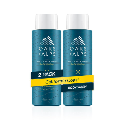 Oars + Alps Mens Body and Face Wash, Naturally Derived Skin Care Infused with Vitamin E and Antioxidants, Vegan and Gluten Free, California Coast, 2 Pack