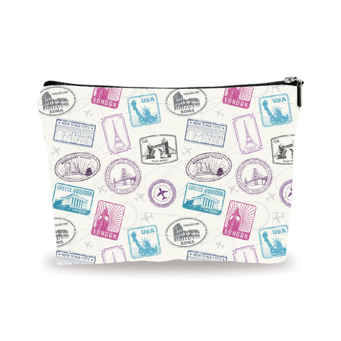 YKYENR Full Print Makeup Bag - Travel Stamps Theme - Waterproof Cosmetic Bag, Toiletry Bag, Gift For Girls, Besties, Personal Care & Accessories - A22, White