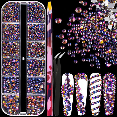 6 Sizes Iridescent Blue Glass Crystal Kit with Pickup Pen + Tweezer Tools for Shine Nail Art Manicure Makeup DIY Decoration Flatback Round Swarovski Bead Rhinestone Gem Jewelry Diamond