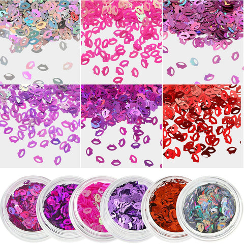 24 Boxes Valentine's Day Lips Shaped Glitter Nail Sequins 3D Nail Art Laser Flakes Makeup Nail Decorations for Women Girls DIY Crafts (Mixed Holographic Color)