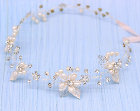 Oriamour Silver Bridal Crystal Headband with Freshwater Pearls Flower Design Wedding Hair Accessories
