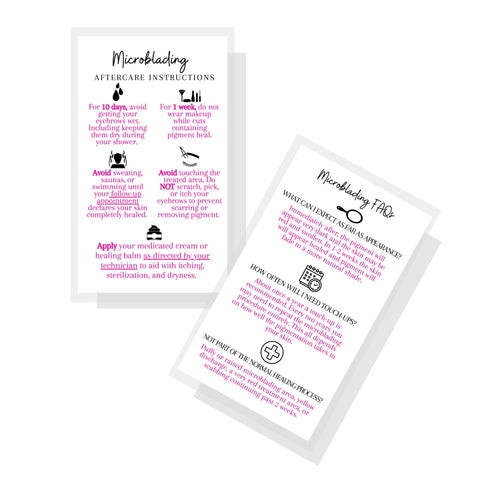 Microblading Aftercare Instruction Cards | 50 Pack | Size 3.5 x 2" inches | Disposable FAQ Snatched Brows PMU | White with Pink Font Design