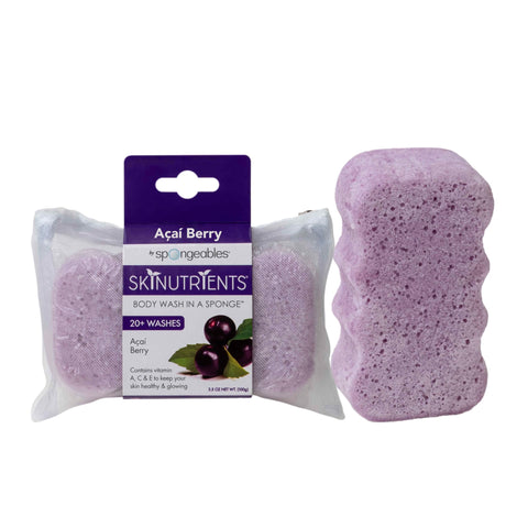 Spongeables Skinutrients Body Wash in a Sponge, Acai Berry, With Bonus Travel Bag, 20+ Washes, 3.5 oz Sponge