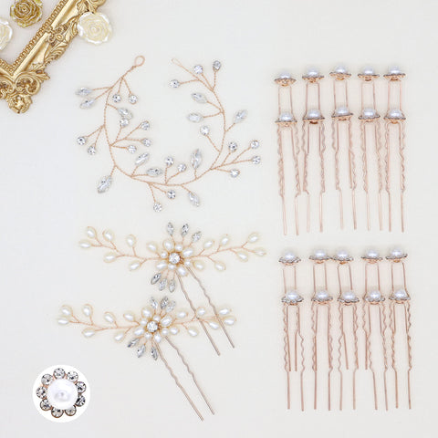 Braveamor Wedding Hair Accessories Bridal Pearls Hair Pins Rhinestone Headpieces Crystal Hair Piece for Brides and Bridesmaids (Rose Gold)