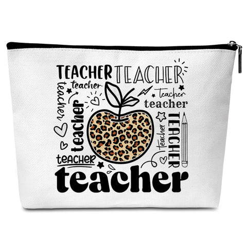 Funny Teacher Makeup Bag, Leopard Teacher Appreciation Gifts, Teacher Cosmetic Bag Thank You Gifts for Teacher Friends Sisters Mom Coworker-C01, White
