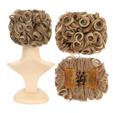 Light Brown/Beige Mixed-12T24# : SWACC Short Messy Curly Dish Hair Bun Extension Easy Stretch hair Combs Clip in Ponytail Extension Scrunchie Chignon Tray Ponytail (Light Brown/Beige Mixed-12T24#)