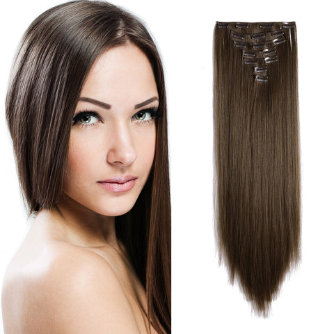 8#-Medium Ash Brown : OneDor 24" Straight Full Head Clip in Synthetic Hair Extensions 7pcs 140g (8#-medium Ash Brown)