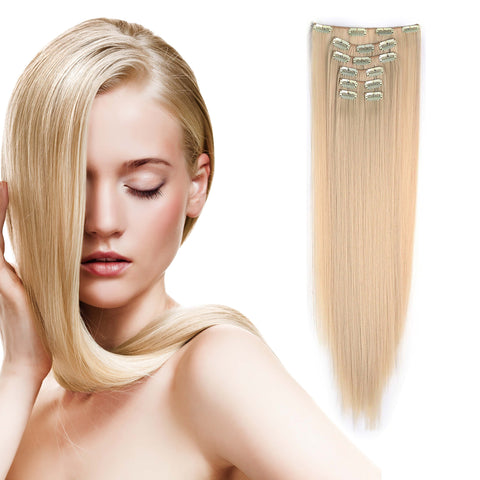 613#-Pre Bleach Blonde : OneDor 24" Straight Full Head Clip in Synthetic Hair Extensions 7pcs 140g (613#-Pre Bleach Blonde)