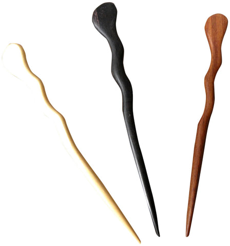 JWL (3) Different (1) Rosewood (1) Ebony & (1) Yellow Teak Spiral Six (6) Inch Hair Sticks Picks Pic Pin Fork - Hawaiian Style