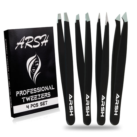Arsh 4Pcs Professional Tweezer for Facial Hair Women & Men | Stainless Steel Precision Tweezers for Ingrown Hair | Tweezers for Eyebrow | Tweezers for Plucking 4 Various Tips Tweezer for Men & Women