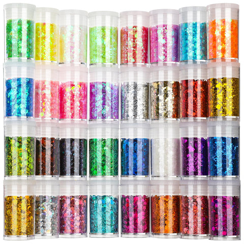 Festival Chunky and Fine Glitter Mix, Teenitor 32 Colors Chunky Sequins & Fine Glitter Powder Mix, Iridescent Glitter Flakes, Cosmetic Face Body Eye Hair Nail Art Resin Tumbler Glitter Loose Glitter