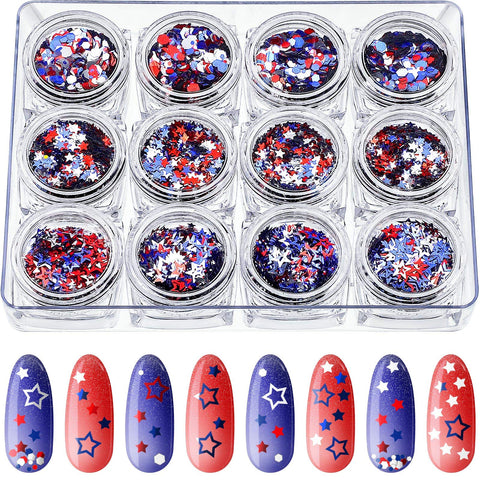 12 Boxes 4th of July Star Glitter Independence Day Nail Sequins America Patriotic Nail Art Holographic Mixed Star Hollow Hexagon Circles Shaped Nail Decals for Nail Eye Face Body Decor DIY Crafts