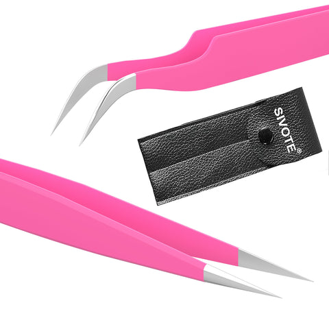 SIVOTE Lash Tweezers for Eyelash Extensions, Hand Calibrated Straight & Curved Tip, Pack of 2, Pink