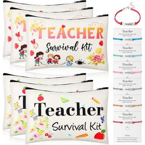 12 Pieces Teacher Appreciation Present Set, 6 Teacher Survival Kit Bag Makeup Pouch Pencil Bag, 6 Teacher Blessing Card Bracelet, Teacher Cosmetic Bag Kit for Teacher's Day (Chic Style,23 x 15 cm)